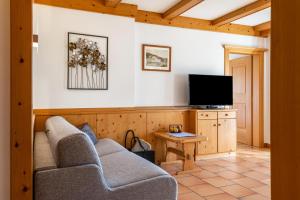ein Wohnzimmer mit einem Sofa und einem Flachbild-TV in der Unterkunft Häuslerhof App Betula in Niederdorf