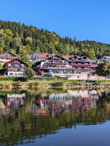 un groupe de maisons à côté d'une masse d'eau dans l'établissement Seehotel Hartung & Ferienappartements, à Füssen