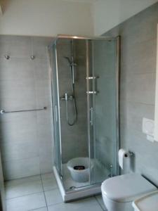 uma casa de banho com um chuveiro, um WC e um lavatório. em Lugano city apartment em Lugano