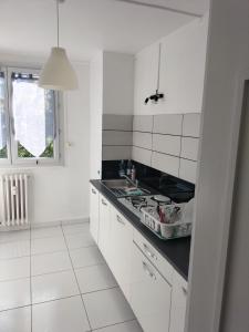 Biała kuchnia z kuchenką i zlewem w obiekcie Joli appartement proche métro w mieście Lyon