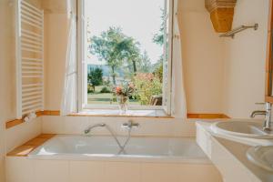 a bathroom with a sink and a window at Rittergut Hirschbach in Glashütte +65 photos