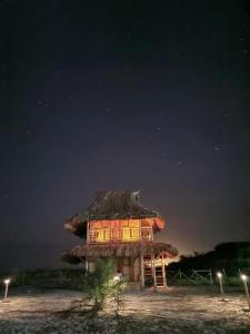Playa Escondida Mayapo في Mayapo: كوخ بسقف من القش على الشاطئ في الليل