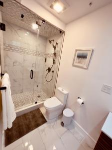 y baño blanco con ducha y aseo. en Perrin Place Unit 1, en Boston
