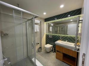 Istanbul Apartments في إسطنبول: حمام مع دش ومغسلة ومرحاض