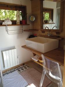 uma cozinha com um lavatório e uma cadeira num quarto em Chalet coccinelle Domaine de la Mamounette em Champclause