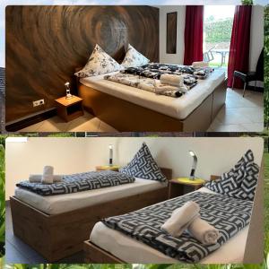2 fotos de un dormitorio con 2 camas en Gocher Berghof Ferienwohnungen Langanke, en Goch