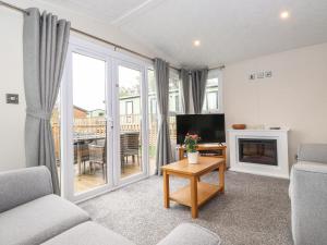 a living room with a fireplace and a tv at Meadowsweet Lodge in Carnforth