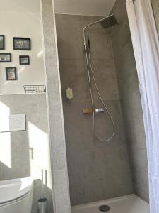 een douche met een douchekop in de badkamer bij aPARTMENT KARL 22 in Alsfeld
