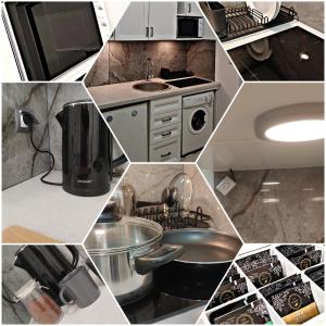 a collage of photos of a kitchen with a sink at Ator Apartament in Warsaw