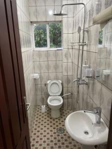 ein Bad mit einem WC, einem Waschbecken und einem Fenster in der Unterkunft Appart meublé haut standing, WIFI, TV - Yaoundé, Omnisports in Jaunde
