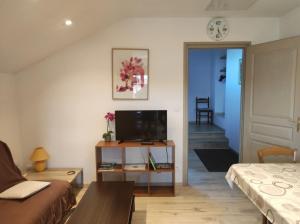 uma sala de estar com um sofá e uma televisão em Appartement Gaston em Vireux-Wallerand