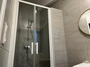 a shower with a glass door in a bathroom at Les Hortensias in Épernay