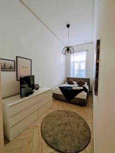 een slaapkamer met een bed en een televisie en een tapijt bij Luxury CityApartment 2 in Wenen