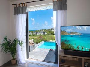 uma sala de estar com televisão e vista para a piscina em Villa Pinel em Cul de Sac