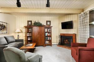 - un salon avec un canapé et une cheminée dans l'établissement Concept 600 unit 308, Convenient Downtown Location, Private Deck, and Fireplace, à Aspen