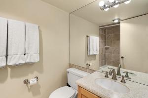 a bathroom with a toilet and a sink and a mirror at Chateau Roaring Fork Unit 37, Spacious Condo, Close to Downtown. Pool, Hot Tub, Fitness Center in Aspen +11 photos