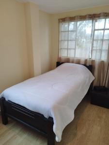 sypialnia z dużym białym łóżkiem przed oknem w obiekcie 1 Cuarto independiente individual w mieście Ambato