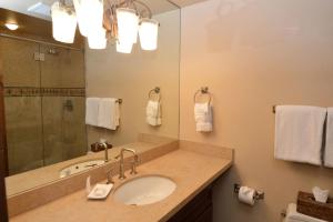 a bathroom with a sink and a shower and a mirror at Fasching Haus Unit 6, Condo with Beautiful Decor, Spacious Layout, Great Location in Aspen +8 photos
