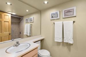 a bathroom with a sink and a toilet and a mirror at Chateau Eau Claire Unit 18, Spacious Condo Overlooking the River with a Private Deck in Aspen