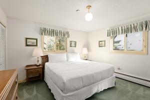 a white bedroom with a large bed and two windows at 118 E Bleeker Home in Aspen
