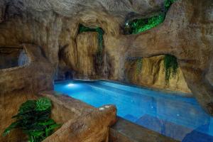 einen Pool in einer Höhle mit einer Felswand in der Unterkunft Evasion Antillaise in Marseille