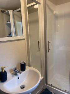 W łazience znajduje się biała umywalka i prysznic. w obiekcie Lovely new caravan by Loch Long w mieście Cove