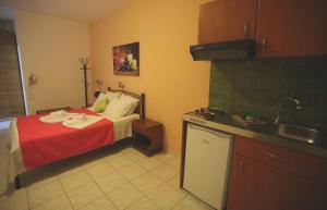 a room with a bed and a kitchen with a sink at Athena Kythera in Dhiakofti