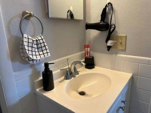 een badkamer met een wastafel en een spiegel bij Cozy Apt Near Downtown Dayton (2) in Dayton