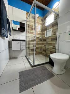 uma casa de banho com um WC e uma cabina de duche em vidro. em FLATS SETE ESTRELAS DO MAR em Ilhéus