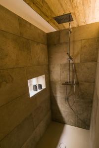 ein Bad mit einer Dusche mit einem Duschkopf in der Unterkunft Historisches Pfarrhaus Nähe Schloss Neuschwanstein in Burggen