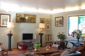 a living room with a couch and a tv at Luxury Villa with Pool Sea and Mountain Views in Puerto de la Cruz in La Orotava