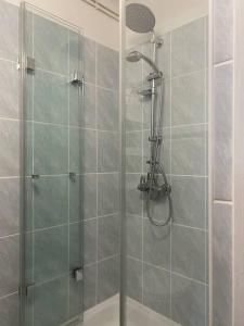 baño con ducha y puerta de cristal en Apartament na starej Krowodrzy en Cracovia