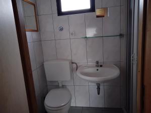 a small bathroom with a toilet and a sink at FEWO Isla 2 in Elmenhorst