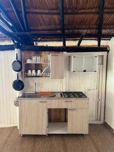 Oasis at Eco Hostal Villa Canada في Playa Punta Arena: مطبخ مع مغسلة وموقد