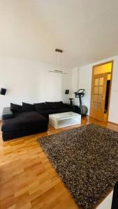 a living room with a black couch and a rug at Skopje Centre apartment in Skopje