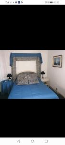 een slaapkamer met een bed met een blauw dekbed bij Frente a la plaza principal de la ciudad in Montevideo