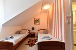 two beds in a attic bedroom with a dog laying on the floor at Prenoćište Dvorište in Novi Sad