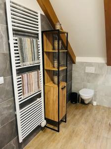 a bathroom with a toilet and a book shelf at Apartman Detvianka 1 in Detva