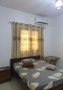 een slaapkamer met een bed en een raam met gordijnen bij Le zèbre in Dakar