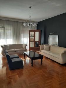 塞薩羅尼基的住宿－SERAFINA HOME，客厅配有两张沙发和一张咖啡桌