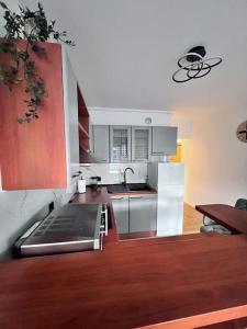 uma cozinha com armários brancos e uma bancada em Greywood relax apartment em Zagreb