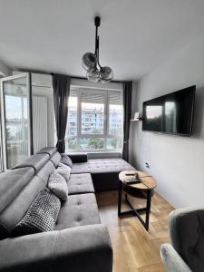 uma sala de estar com um sofá e uma televisão em Greywood relax apartment em Zagreb