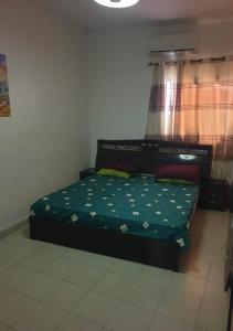 een slaapkamer met een bed met een groen dekbed en een raam bij Le zèbre in Dakar