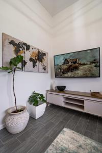 a living room with a tv and a potted plant at Apartamento acogedor y minimalista. in Quetzaltenango