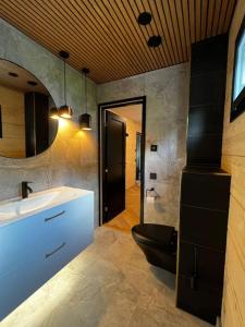 a bathroom with a sink and a toilet and a mirror at Himos Villa Golden in Jämsä