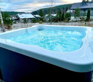 a bath tub filled with water in a yard at Himos Alahonka A in Jämsä