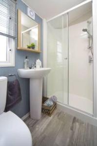 uma casa de banho com um lavatório branco e um chuveiro em Sea breeze, modern, cosy holiday home(Wi-Fi) em Millom