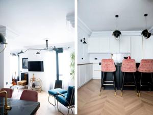 two images of a kitchen and a living room at Luxury apartment in Gran Vía in Madrid