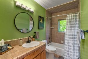 ein Badezimmer mit einem Waschbecken, einem WC und einem Spiegel in der Unterkunft Secluded Mtn home by Purg, Hot Tub, Views! Pets ok in Durango