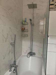 a bathroom with a shower and a bath tub at 38 Whitehall Road in Harrow on the Hill